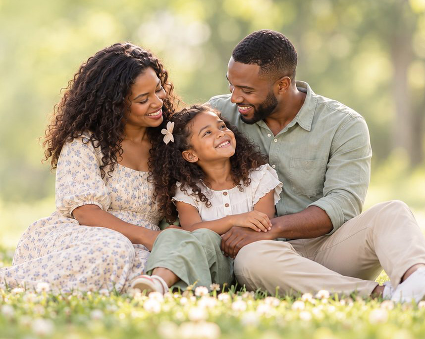A happy family lounges together in a park.